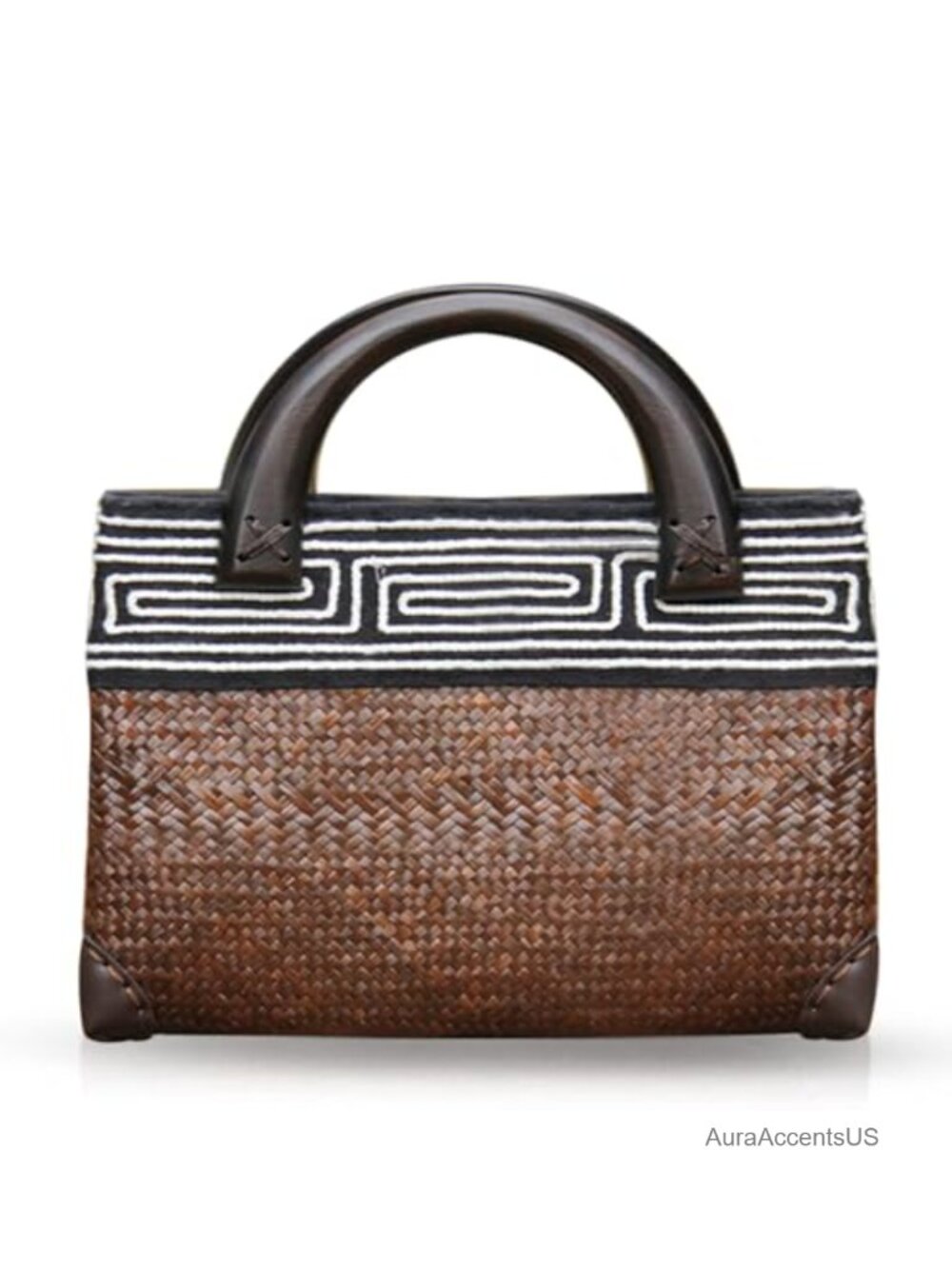 Handwoven Rattan Straw Beach Bag Tote Round Wooden Handle